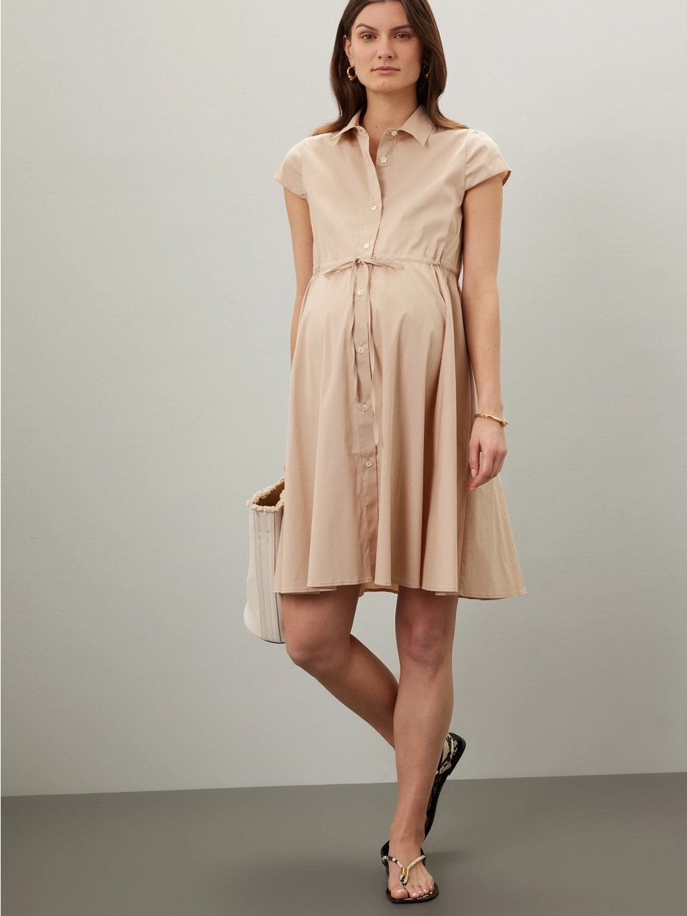 Pietro Brunelli Viola Maternity Dress Beige Button-Front Tie-Waist Mini Dress